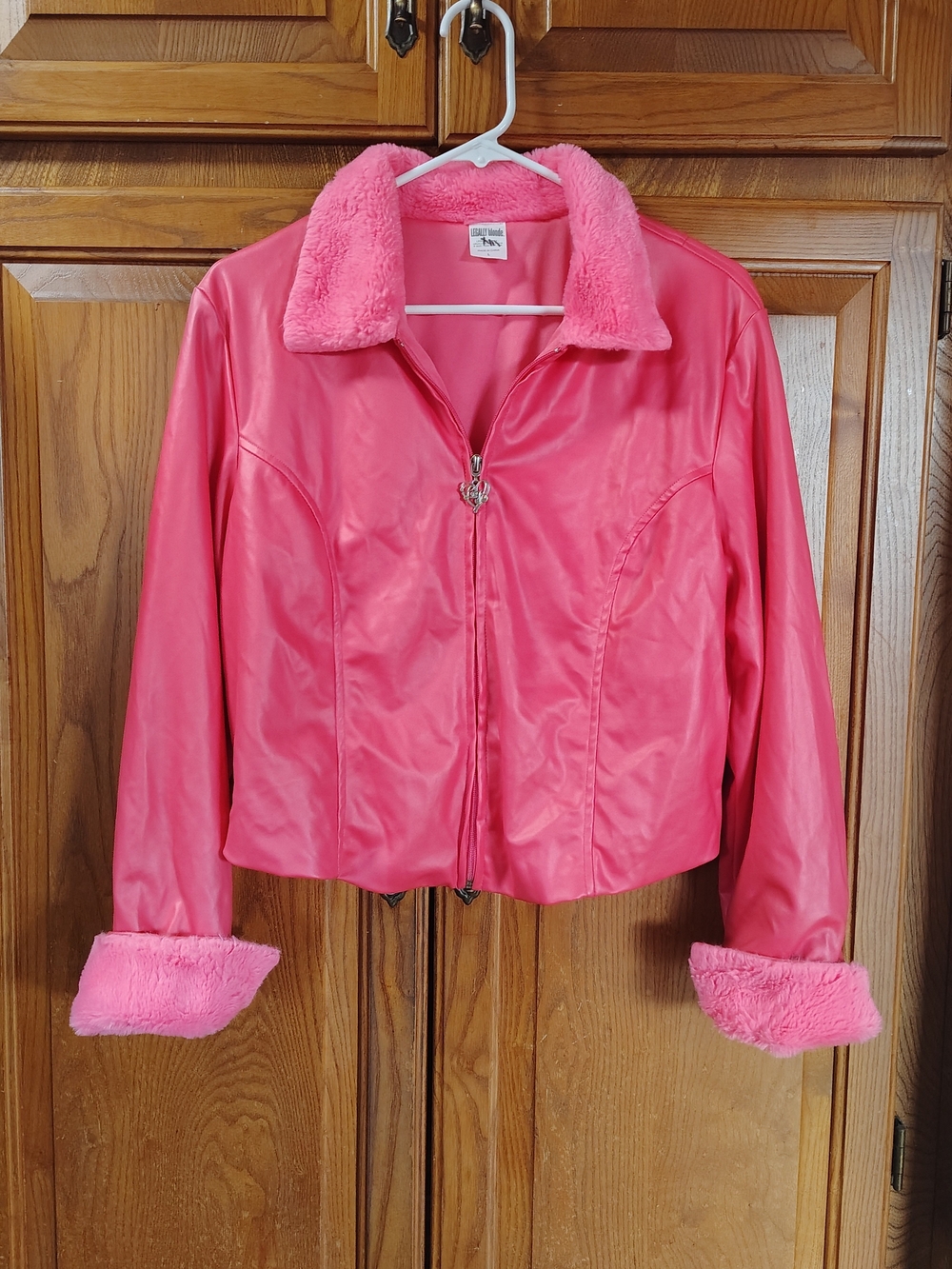 Legally Blonde Faux Leather Pink Jacket with Faux Fur Trim Sz L Barbie Costume